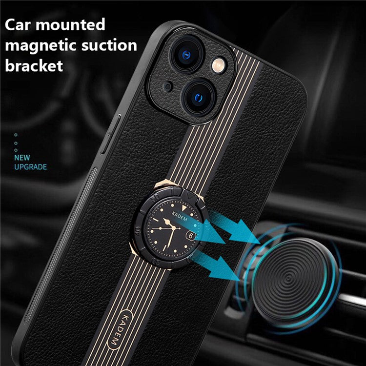 KADEM For iPhone 14 Case PU Leather+Acrylic+TPU Electroplating Cover with Ring Kickstand - Black