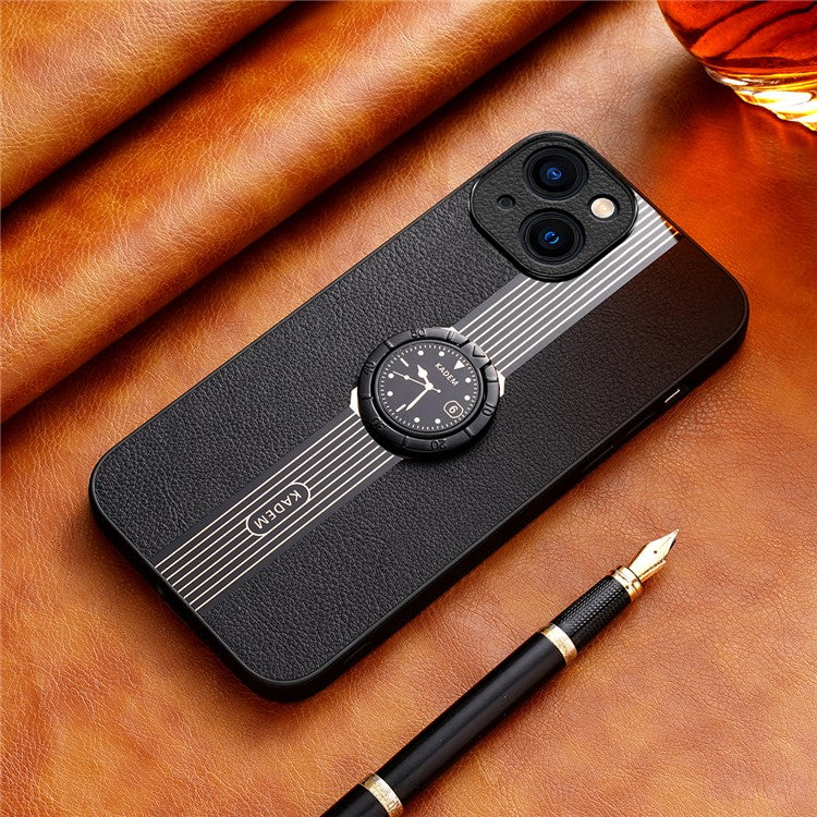 KADEM For iPhone 14 Case PU Leather+Acrylic+TPU Electroplating Cover with Ring Kickstand - Black