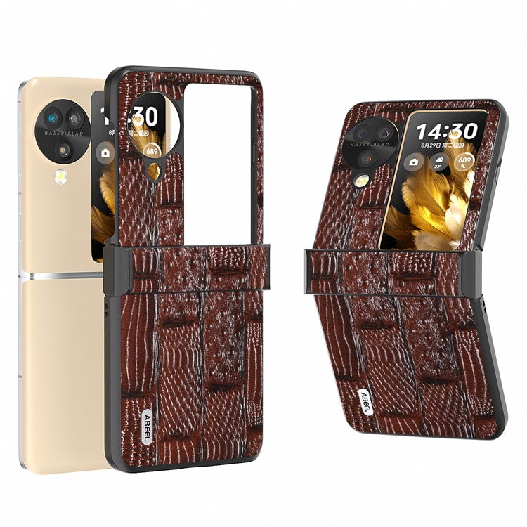 ABEEL For Oppo Find N3 Flip 5G Case 3-in-1 Genuine Cow Leather+PC Cover with Hinge - Brown