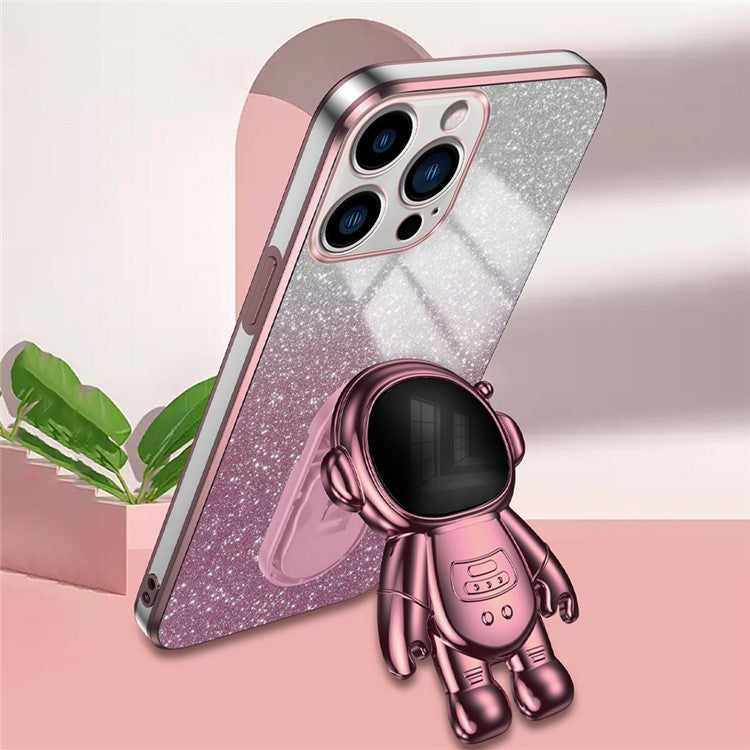 For iPhone 14 Pro Max Case Astronaut Kickstand Glitter Powder PC+TPU Phone Cover - Pink