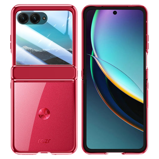 For Motorola Razr 40 Ultra 5G Clear Case Hinge Electroplating PC Phone Cover with Rear Small Screen Protector - Red