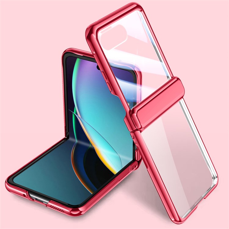 For Motorola Razr 40 Ultra 5G Clear Case Hinge Electroplating PC Phone Cover with Rear Small Screen Protector - Red