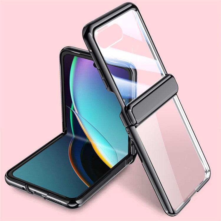For Motorola Razr 40 Ultra 5G Clear Case Hinge Electroplating PC Phone Cover with Rear Small Screen Protector - Black