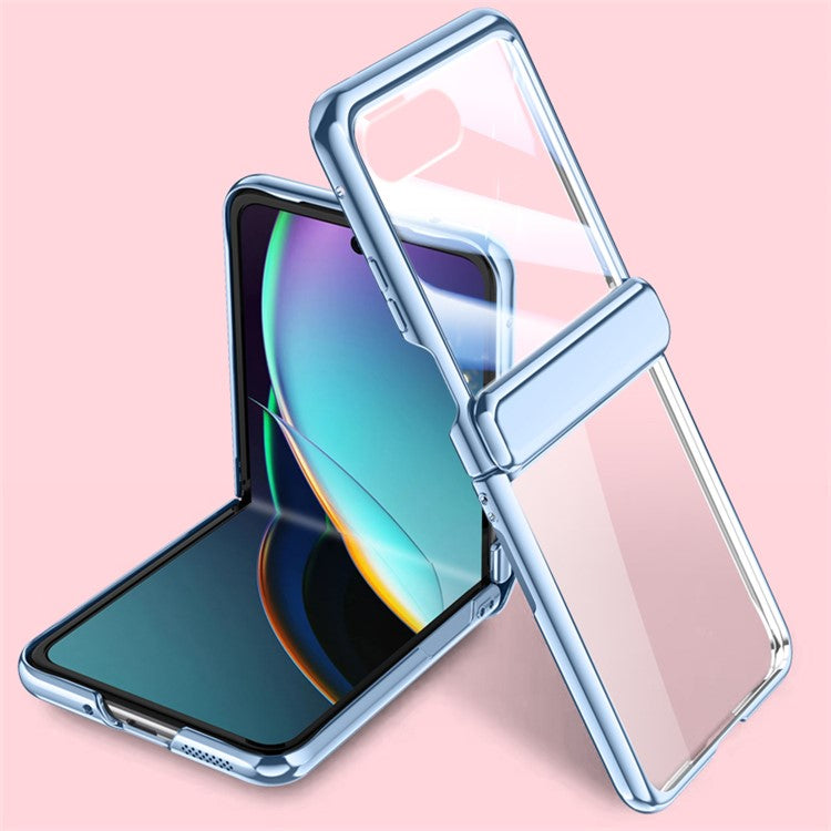 For Motorola Razr 40 Ultra 5G Clear Case Hinge Electroplating PC Phone Cover with Rear Small Screen Protector - Blue