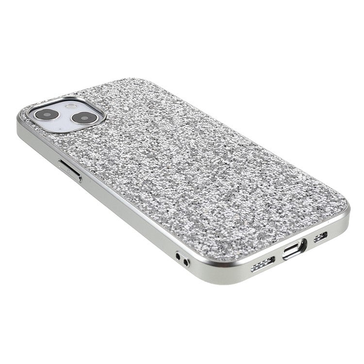 For iPhone 14 Plus Case Electroplating Frame Glitter Sequins Phone Cover - Silver
