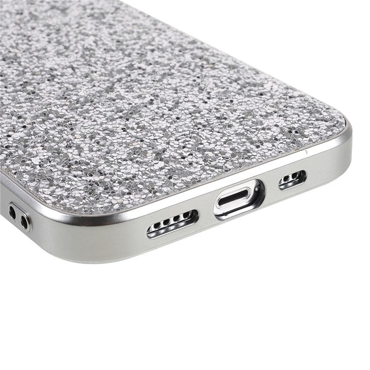 For iPhone 14 Plus Case Electroplating Frame Glitter Sequins Phone Cover - Silver