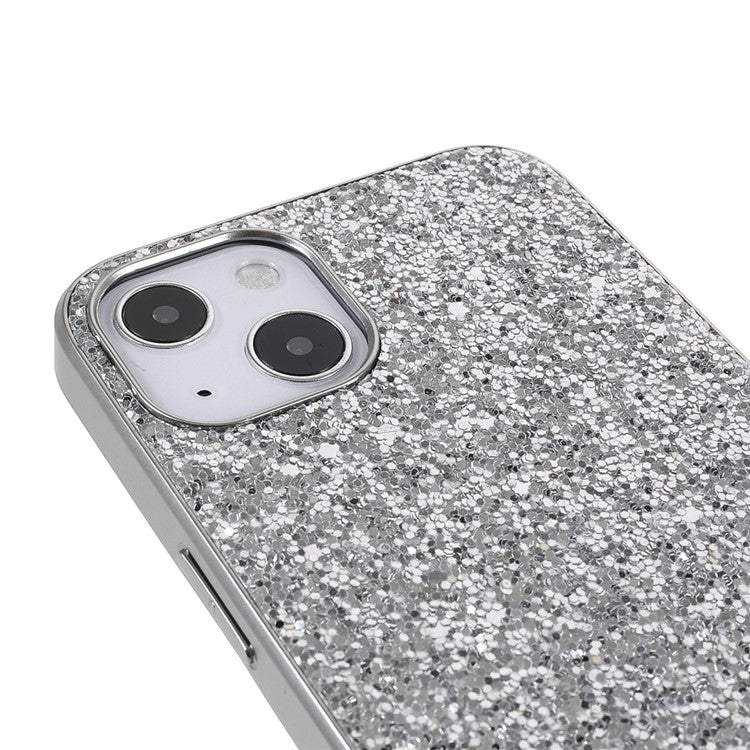 For iPhone 14 Plus Case Electroplating Frame Glitter Sequins Phone Cover - Silver