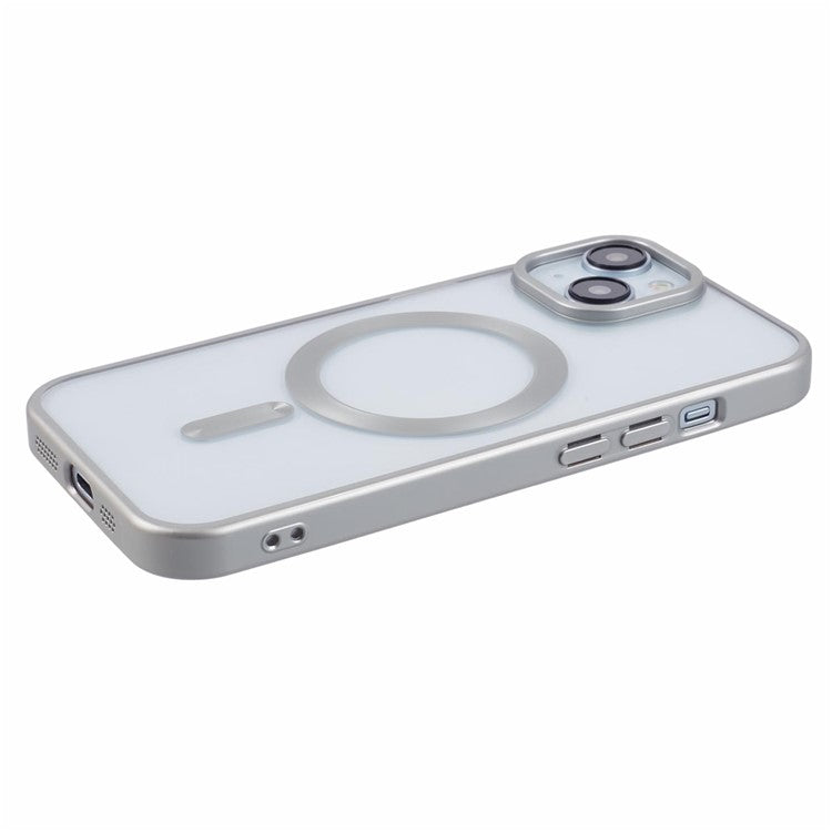 For iPhone 14 Plus Case Electroplating Matte Magnetic TPU Cover Compatible with MagSafe - Silver