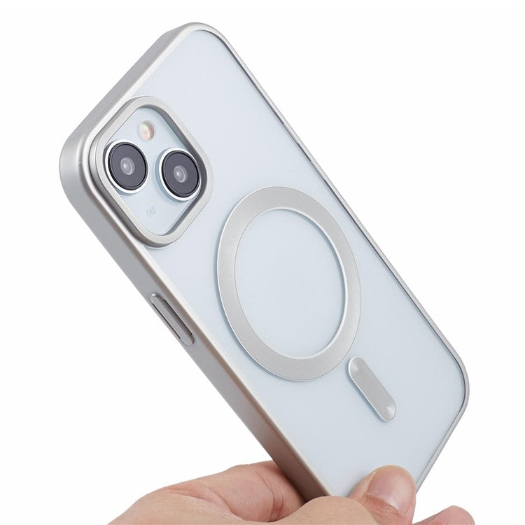 For iPhone 14 Plus Case Electroplating Matte Magnetic TPU Cover Compatible with MagSafe - Silver