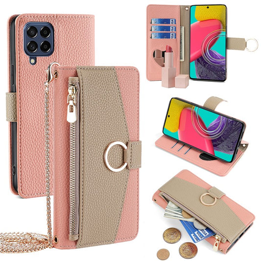 For Samsung Galaxy M53 5G Case Zipper Pocket Crossbody Phone Wallet Cover - Pink