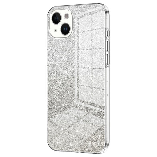 For iPhone 14 Plus Cell Phone Case Glitter Precise Cutout Electroplating TPU Cover - Transparent