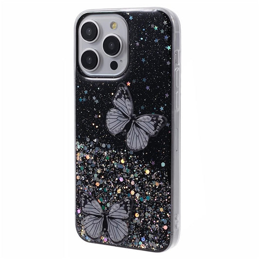 AW Series For iPhone 14 Pro Case TPU+PVC Big Rear Lens Hole Cover with Sparkle Epoxy Butterfly Decor - Black