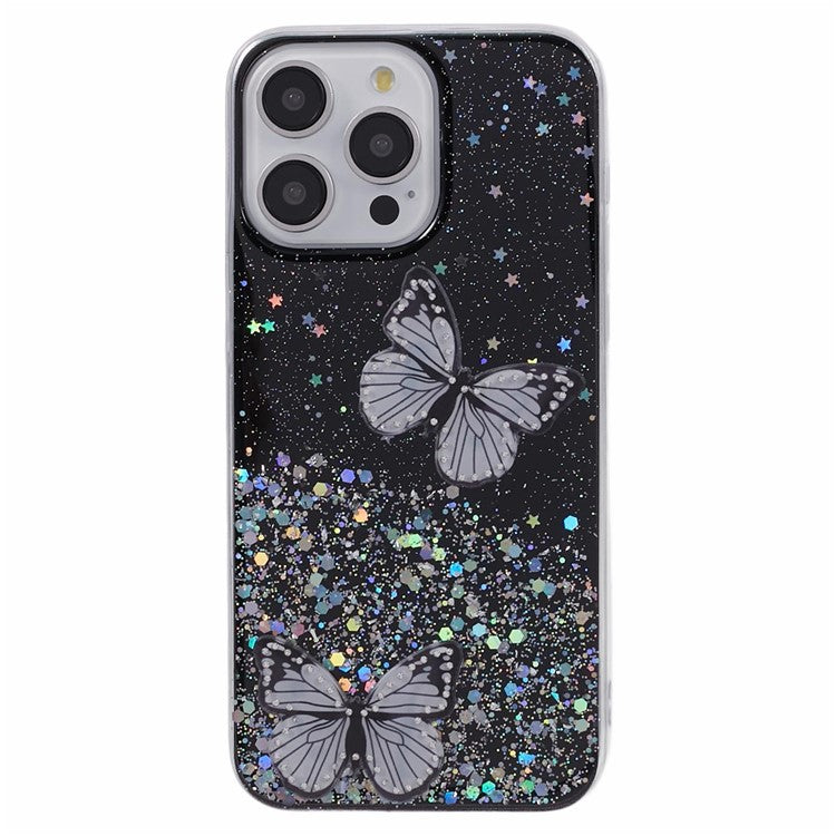 AW Series For iPhone 14 Pro Case TPU+PVC Big Rear Lens Hole Cover with Sparkle Epoxy Butterfly Decor - Black