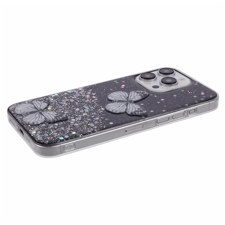 AW Series For iPhone 14 Pro Case TPU+PVC Big Rear Lens Hole Cover with Sparkle Epoxy Butterfly Decor - Black