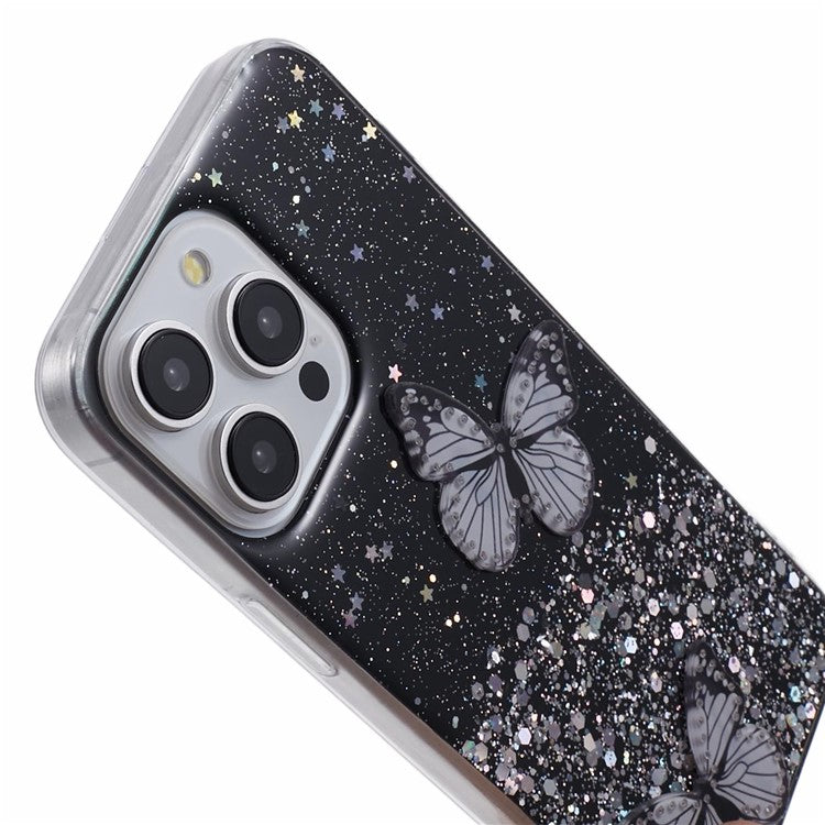 AW Series For iPhone 14 Pro Case TPU+PVC Big Rear Lens Hole Cover with Sparkle Epoxy Butterfly Decor - Black