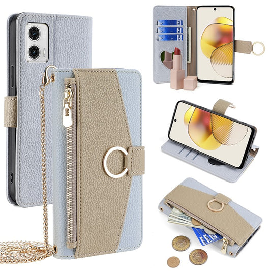 For Motorola Moto G73 5G Case Zipper Pocket Leather Phone Wallet Stand with Shoulder Strap - Blue