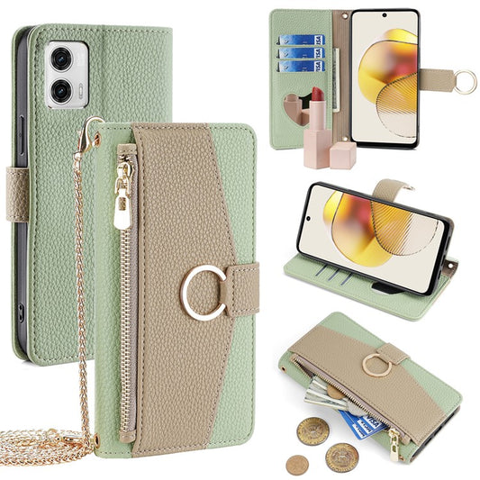 For Motorola Moto G73 5G Case Zipper Pocket Leather Phone Wallet Stand with Shoulder Strap - Green