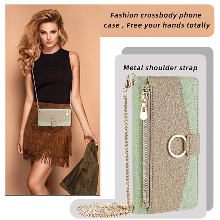 For Motorola Moto G73 5G Case Zipper Pocket Leather Phone Wallet Stand with Shoulder Strap - Green