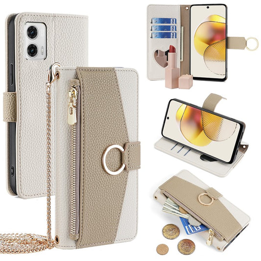 For Motorola Moto G73 5G Case Zipper Pocket Leather Phone Wallet Stand with Shoulder Strap - White