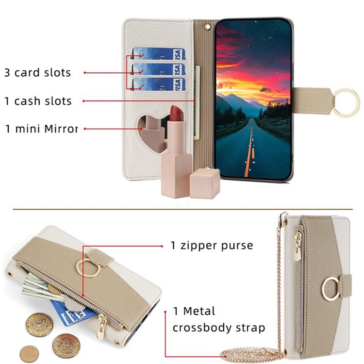 For Motorola Moto G73 5G Case Zipper Pocket Leather Phone Wallet Stand with Shoulder Strap - White