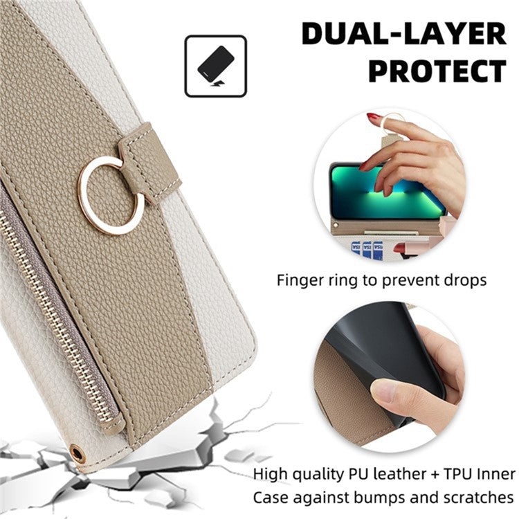 For Motorola Moto G73 5G Case Zipper Pocket Leather Phone Wallet Stand with Shoulder Strap - White
