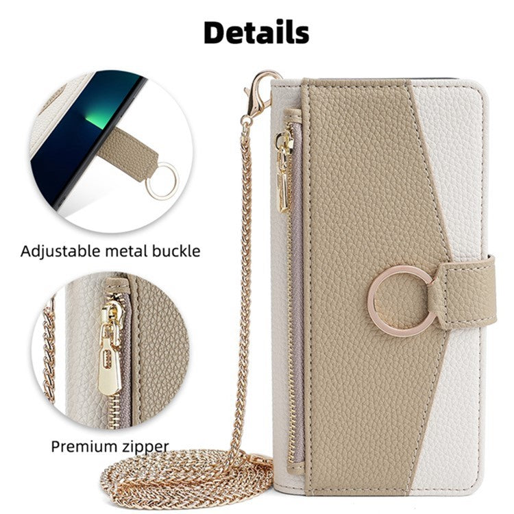 For Motorola Moto G73 5G Case Zipper Pocket Leather Phone Wallet Stand with Shoulder Strap - White