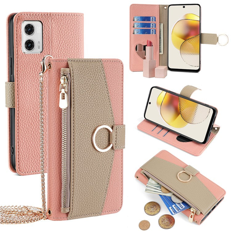 For Motorola Moto G73 5G Case Zipper Pocket Leather Phone Wallet Stand with Shoulder Strap - Pink
