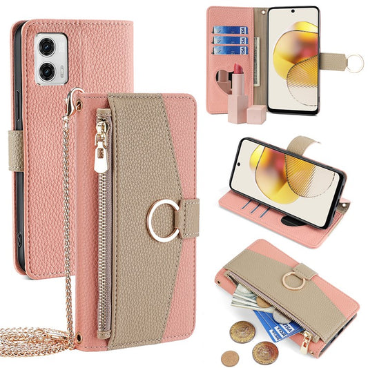 For Motorola Moto G73 5G Case Zipper Pocket Leather Phone Wallet Stand with Shoulder Strap - Pink
