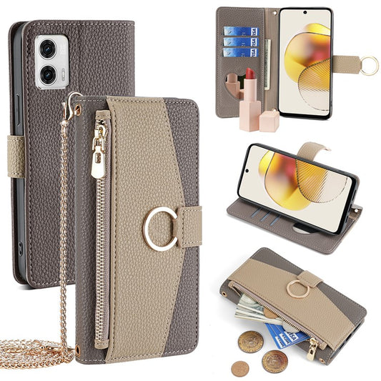 For Motorola Moto G73 5G Case Zipper Pocket Leather Phone Wallet Stand with Shoulder Strap - Grey