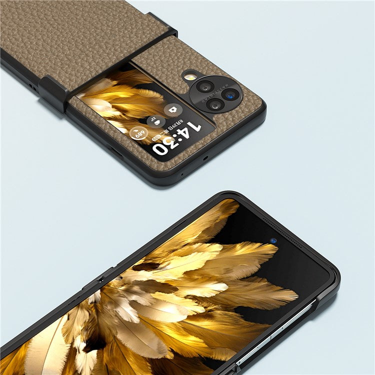 ABEEL For Oppo Find N3 Flip 5G Phone Case Genuine Cow Leather+PC Hinge Protection Cover - Khaki