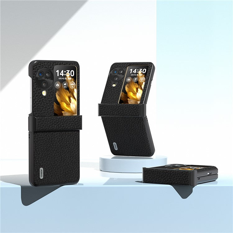 ABEEL For Oppo Find N3 Flip 5G Phone Case Genuine Cow Leather+PC Hinge Protection Cover - Black