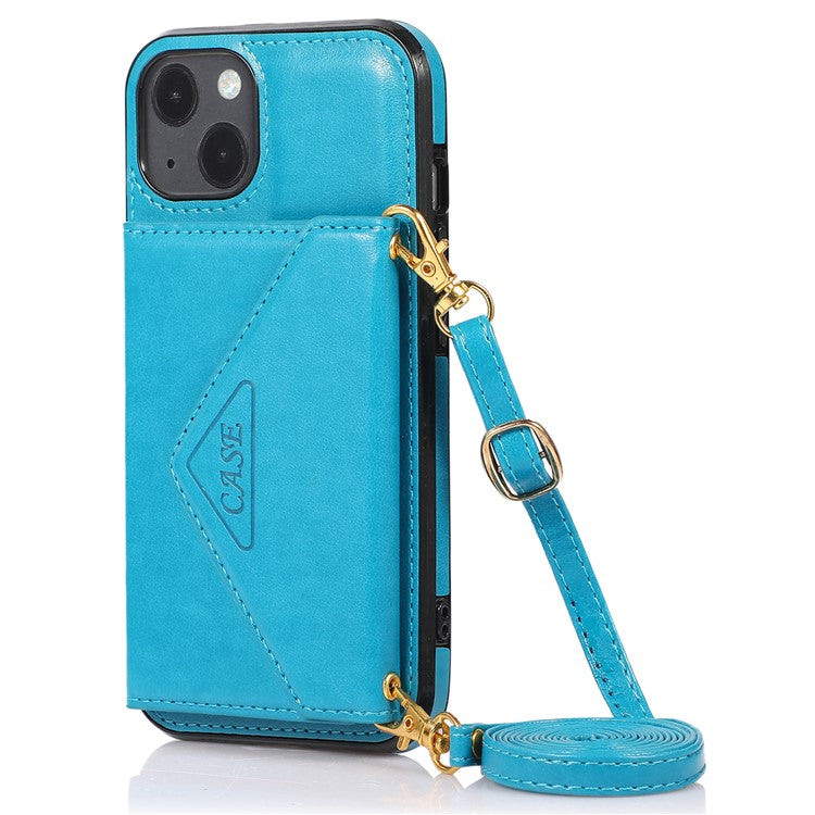 For iPhone 14 Plus Case Card Holder Kickstand PU+TPU Cellphone Cover with Shoulder Strap - Blue