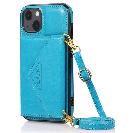 For iPhone 14 Plus Case Card Holder Kickstand PU+TPU Cellphone Cover with Shoulder Strap - Blue