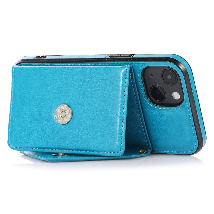 For iPhone 14 Plus Case Card Holder Kickstand PU+TPU Cellphone Cover with Shoulder Strap - Blue