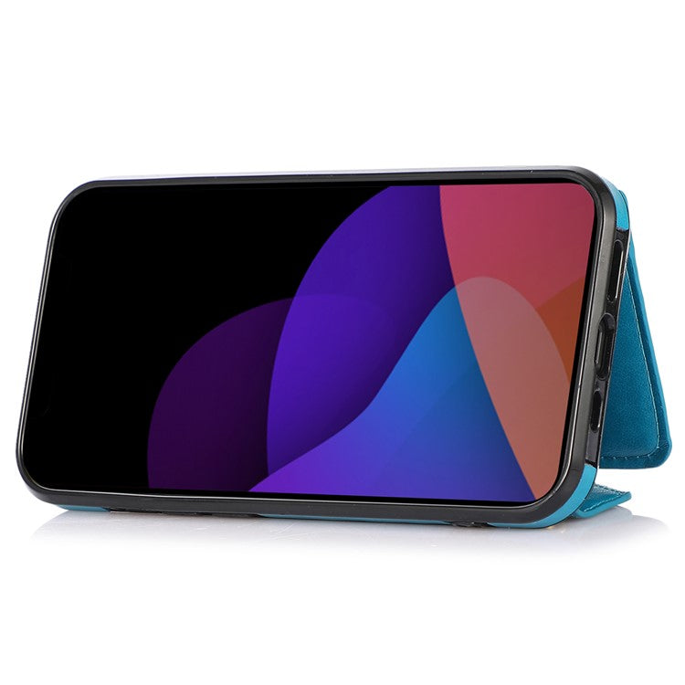 For iPhone 14 Plus Case Card Holder Kickstand PU+TPU Cellphone Cover with Shoulder Strap - Blue