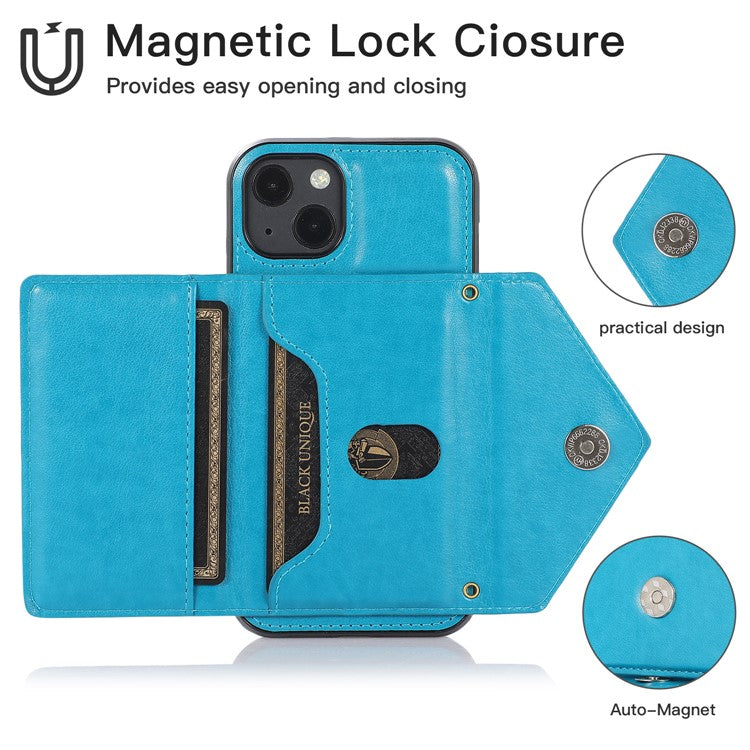 For iPhone 14 Plus Case Card Holder Kickstand PU+TPU Cellphone Cover with Shoulder Strap - Blue