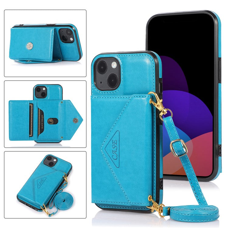 For iPhone 14 Plus Case Card Holder Kickstand PU+TPU Cellphone Cover with Shoulder Strap - Blue