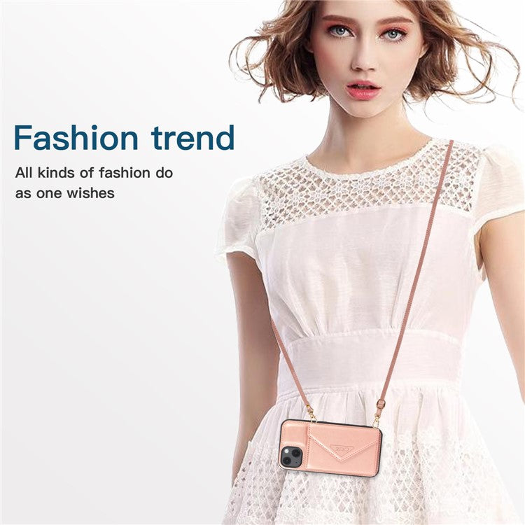 For iPhone 14 Cell Phone Case Triangle Lid Card Bag Leather+TPU Protective Crossbody Cover - Rose Gold