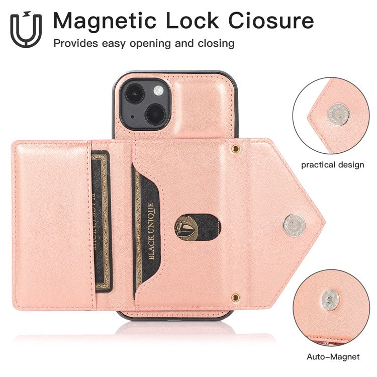 For iPhone 14 Cell Phone Case Triangle Lid Card Bag Leather+TPU Protective Crossbody Cover - Rose Gold