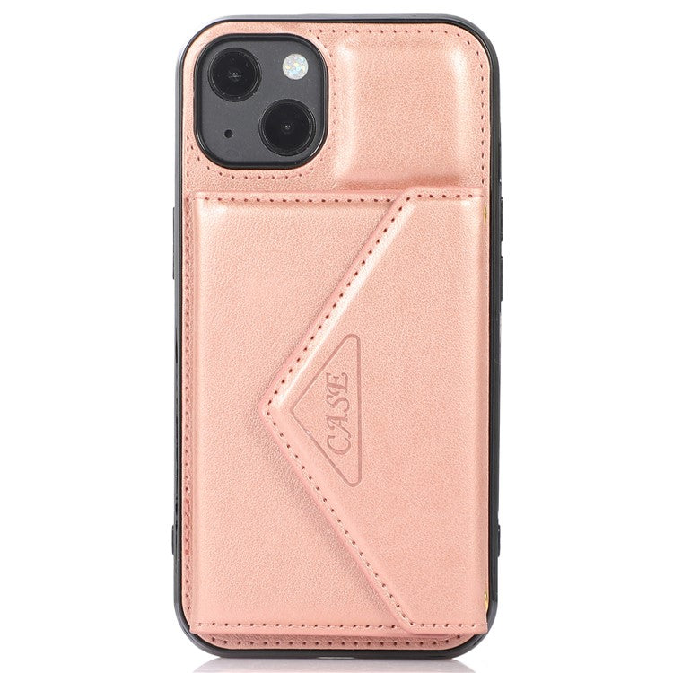 For iPhone 14 Cell Phone Case Triangle Lid Card Bag Leather+TPU Protective Crossbody Cover - Rose Gold