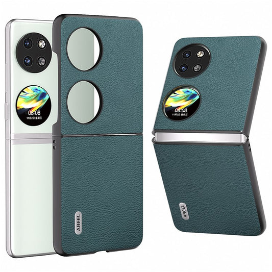 ABEEL For Huawei Pocket 2 Phone Case Genuine Cow Leather Flip Design Cover - Midnight Green