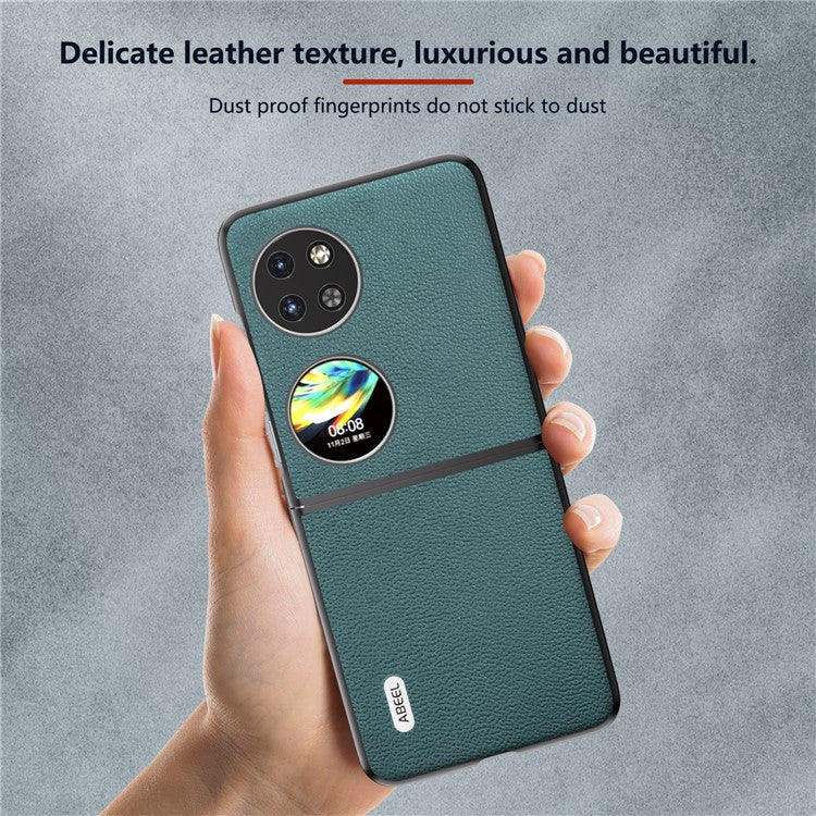 ABEEL For Huawei Pocket 2 Phone Case Genuine Cow Leather Flip Design Cover - Midnight Green