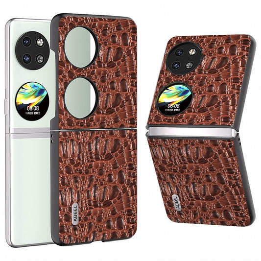 ABEEL For Huawei Pocket 2 Case Genuine Cow Leather+PC Canopy Texture Phone Cover - Brown