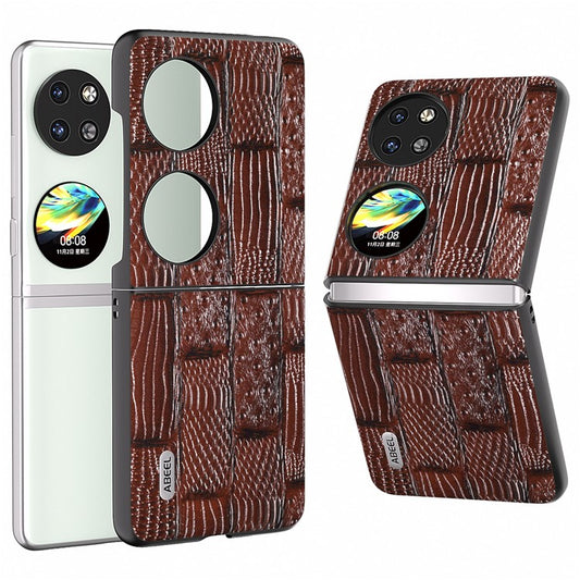 ABEEL For Huawei Pocket 2 Cell Phone Case Folding Mahjong Texture Genuine Cow Leather+PC Cover - Brown