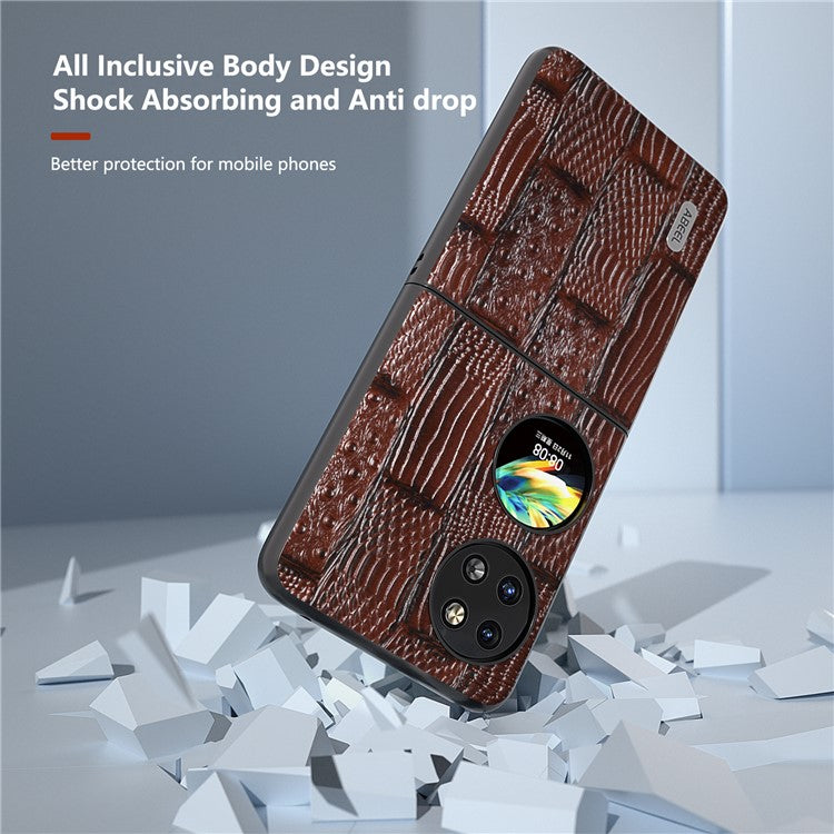 ABEEL For Huawei Pocket 2 Cell Phone Case Folding Mahjong Texture Genuine Cow Leather+PC Cover - Brown
