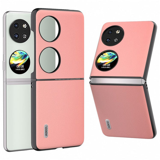 ABEEL For Huawei Pocket 2 Case Genuine Cow Leather+PC Waves Texture Phone Cover - Pink