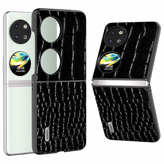 ABEEL For Huawei Pocket 2 Case Genuine Cow Leather+PC Folding Crocodile Texture Back Cover - Black