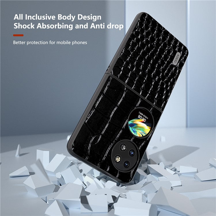 ABEEL For Huawei Pocket 2 Case Genuine Cow Leather+PC Folding Crocodile Texture Back Cover - Black