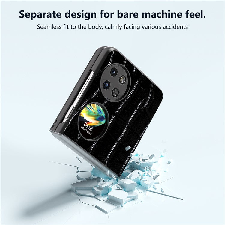 ABEEL For Huawei Pocket 2 Case Genuine Cow Leather+PC Folding Crocodile Texture Back Cover - Black