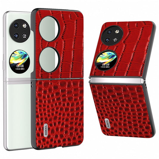 ABEEL For Huawei Pocket 2 Case Genuine Cow Leather+PC Folding Crocodile Texture Back Cover - Red